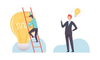 Dev Ampul Vektörü Ayarlı İş Adamı ile Yaratıcı Fikir Araştırması