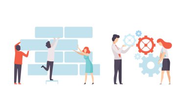 Ofis Meslektaşları Birlikte Çalışıyor Tuğla döşeyip Vector Döndürüyorlar