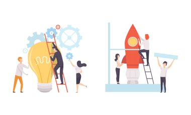 Ofis İş Arkadaşı Birlikte Çalışıyor Roketi Çalıştırıyor ve Ampul Vektörüne Yükseliyor