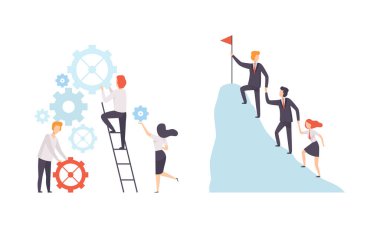 Ofis İş Arkadaşı Birlikte Çalışıyor Dönen dişli ve Tırmanan Dağ Tepesi Vektör Kümesi