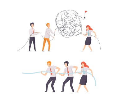 Ofis İş Arkadaşı Birlikte Çalışıyor Karışıklık Çözme ve Halat Çekme Vektörü Ayarları