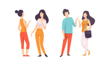 Erkek ve Kadın Arkadaş Birlikte Zaman Geçiriyor Ayakta Duruyor ve Dedikoducu Vektör Seti