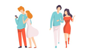 Erkek ve Kadın Arkadaş Birlikte Zaman Geçiriyor Ayakta Duruyor ve Dedikoducu Vektör Seti