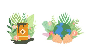 Human Hands Holding Planet with Green Foliage and Tank with Fuel as Environmental and Ecology Protection Vector Set clipart