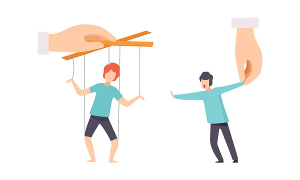 Manipulation of People with Tiny Man with Strings Controlled by Someone Vector Set — Stock Vector