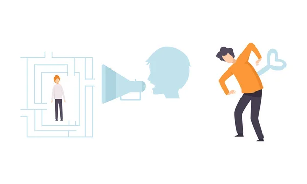 Manipulation of People with Tiny Man in Labyrinth Listening to Command and with Key Mechanism as Controlled by Someone Vector Set — Stock Vector
