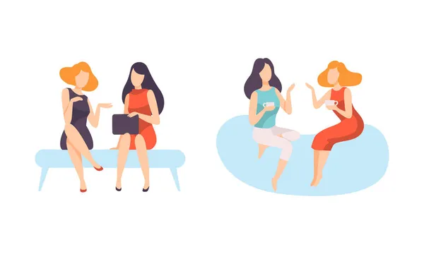 Amigo femenino pasar tiempo juntos sentado y chismoso conjunto de vectores — Archivo Imágenes Vectoriales