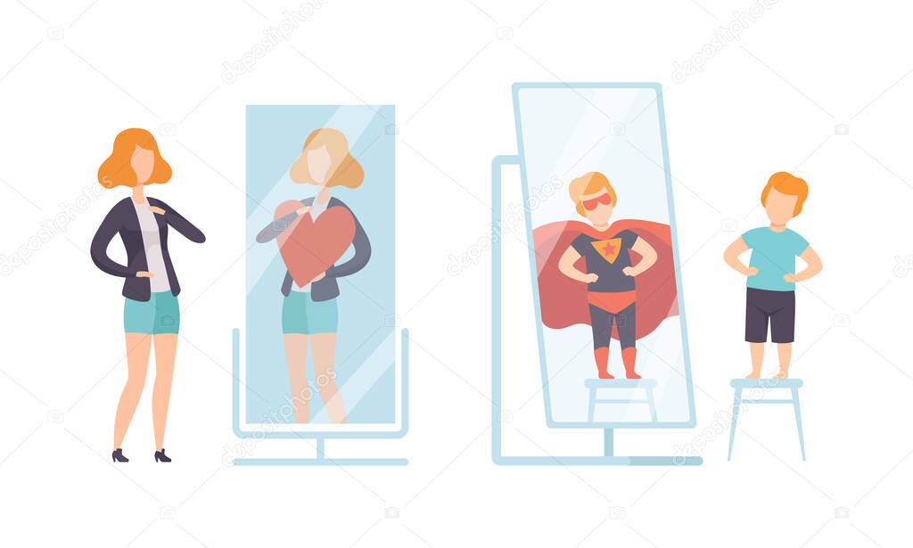Narcissistic Woman and Little Boy Character Looking in Mirror and Admiring of Themselves Vector Set