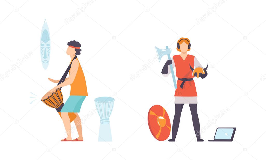 Young Male Playing Drum and Wearing Viking Costume for Role Play Vector Set