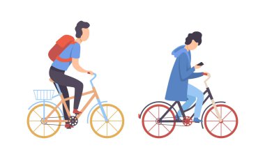 Sırt çantası ve akıllı telefonu olan bisikletli vektör seti olan genç adam.