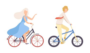 Bisiklete binen genç adam ve kadın vektör seti