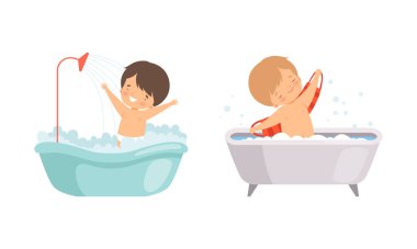 Küvette Köpüklü Su Sıçratma ve Banyo Vektörlü Küçük Çocuk