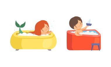 Küvette Köpük Sıçratma ve Banyo Vektörlü Küçük Kız ve Oğlan