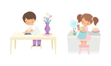 Şirin Kız ve Oğlan Ev İşi Yapıyor ve Oda Temizliği Masayı Siliyor ve Tabakları Yıkıyor Tabure Vector setinde Ayakta Duruyor