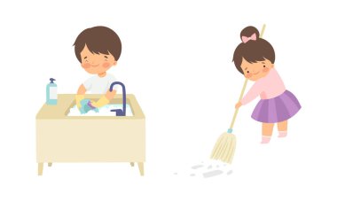 Şirin Çocuk ve Kız Ev İşi Yapıyor ve Temizlik Temizliği Yerleri Süpürüyor ve Bulaşıkları Mutfakta Yıkıyor Lavabo Vektörü Seti