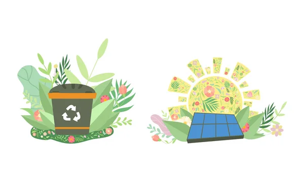 Kosz na śmieci i panel słoneczny wśród zielonych liści jako zestaw wektorów ochrony środowiska i ekologii — Wektor stockowy