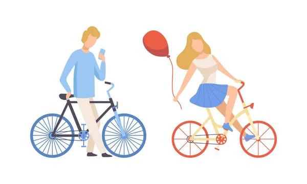 Joven hombre y mujer montar bicicleta conjunto de vectores — Vector de stock