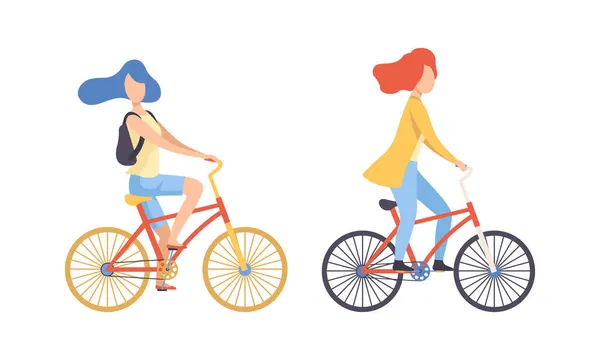Молодая женщина на велосипеде наслаждается летним векторным набором — стоковый вектор