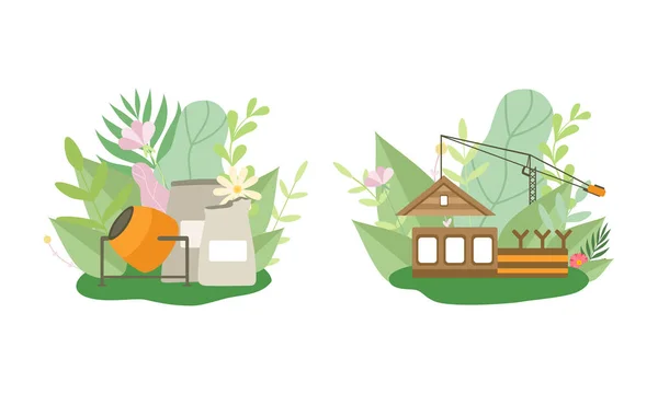 กรีนซิตี้และอาคาร Eco House ท่ามกลาง Fresh Flora และ Foliage Vector Set — ภาพเวกเตอร์สต็อก