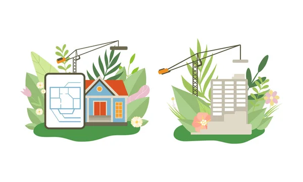 Green City et Eco House Building parmi la flore fraîche et le vecteur de feuillage Set — Image vectorielle