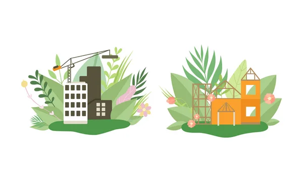 Green City and Eco House Building Among Fresh Flora and Foliage Vector Set — Stock Vector