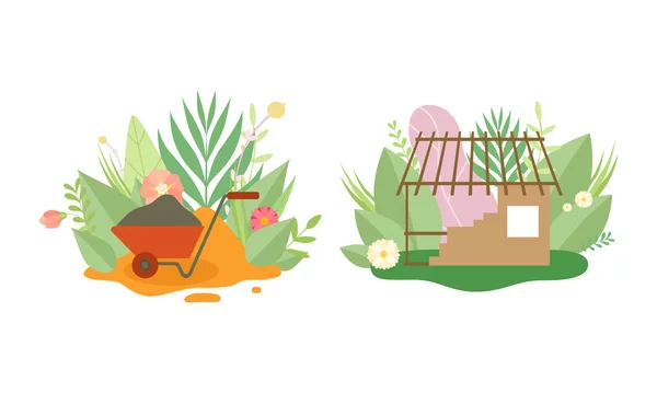 食用植物和叶绿素病媒群中的绿城和生态住宅建设 — 图库矢量图片