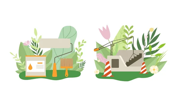 กรีนซิตี้และอาคาร Eco House ท่ามกลาง Fresh Flora และ Foliage Vector Set — ภาพเวกเตอร์สต็อก