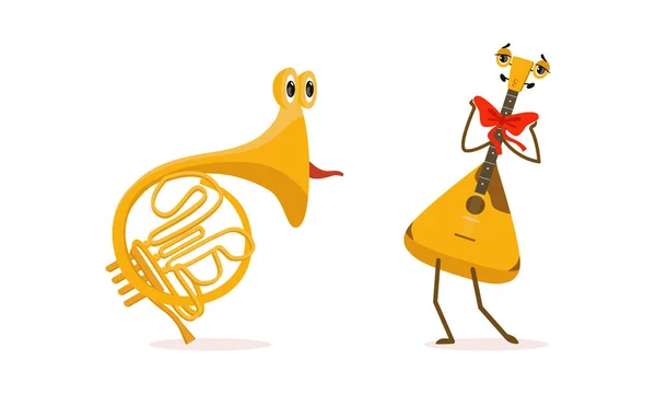 Drôle de personnage de bande dessinée instrument de musique avec sourire visage vectoriel Set — Image vectorielle