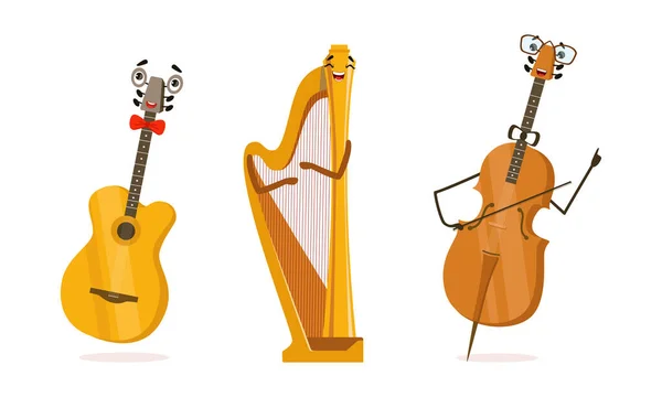 Personaje de dibujos animados divertido instrumento musical con sonriente cara vector conjunto — Vector de stock