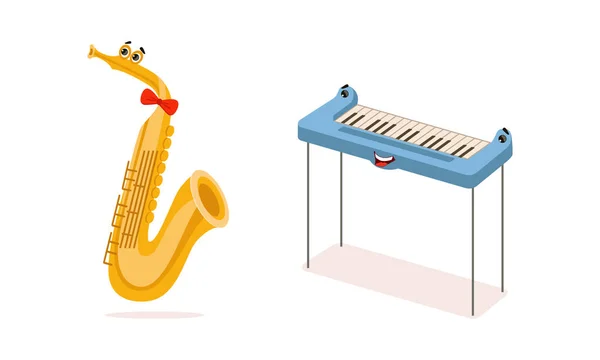 Lustige Musikinstrument-Cartoon-Figur mit lächelndem Gesicht Vektor-Set — Stockvektor