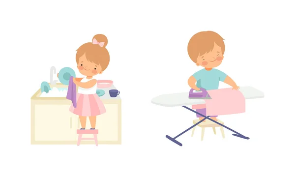 Cute Boy and Girl Doing Housework and Housekeeping Ironing Clothing and Washing the Dishes Standing on Stool Vector Set — Stock Vector