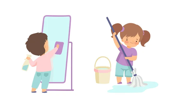 Carino ragazzo e ragazza fare lavori domestici e pulizia pulire il specchio e mopping il pavimento vettoriale set — Vettoriale Stock