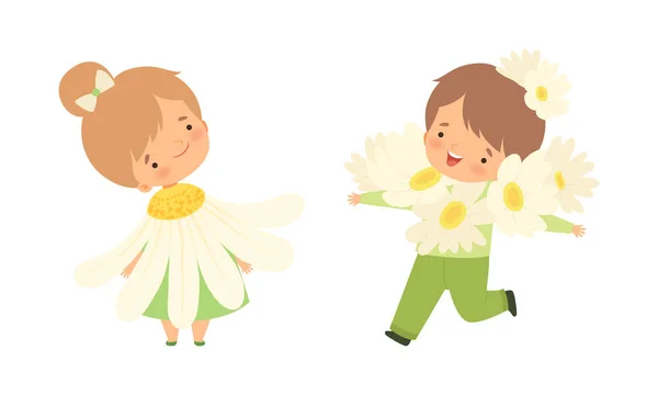 Lindos niños pequeños usando conjunto de vectores de vestuario de flores — Archivo Imágenes Vectoriales