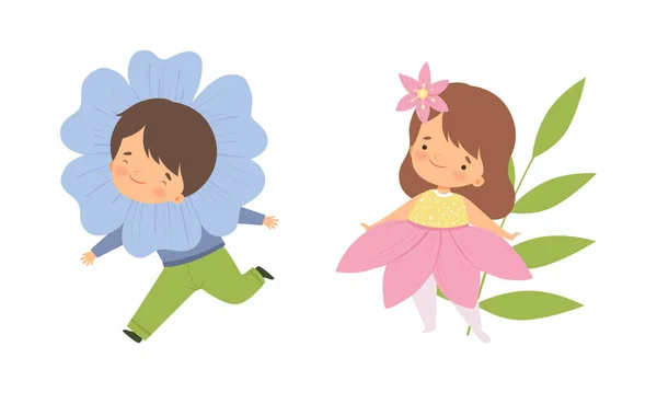 Lindos niños pequeños usando conjunto de vectores de vestuario de flores — Archivo Imágenes Vectoriales