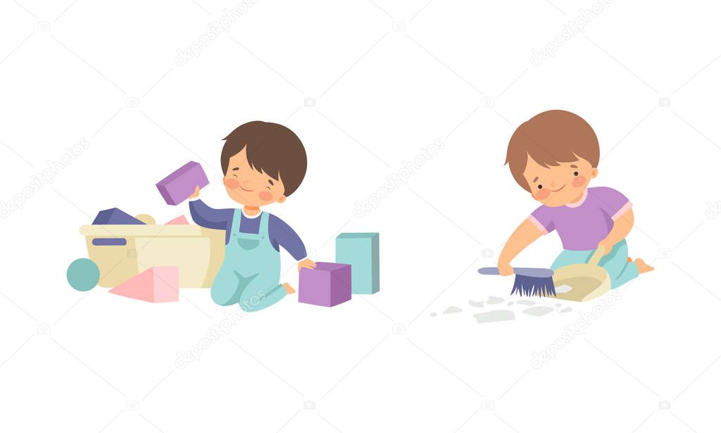 Cute Boy Doing Housework and Housekeeping Picking Up Toys and Sweeping Floor Vector Set