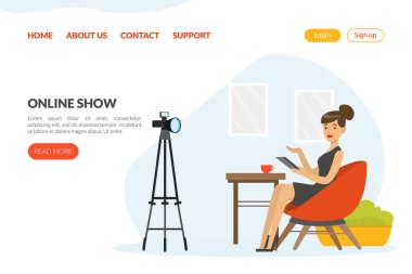 Stüdyo Sunuculuğunda Kadın TV Muhabiri Vektör İniş Sayfası Şablonu