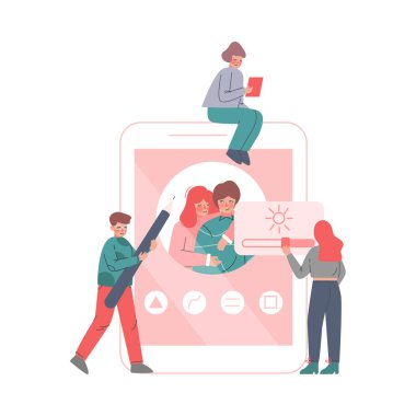 Genç Adam ve Kadınla Akıllı Telefon Ayarları Fotoğraf Düzeltme Vektör İllüzyonuna Bağlandı