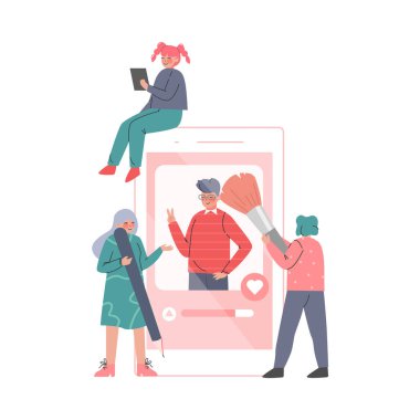 Genç Adam ve Kadınla Akıllı Telefon Ayarları Fotoğraf Düzeltme Vektör İllüzyonuna Bağlandı