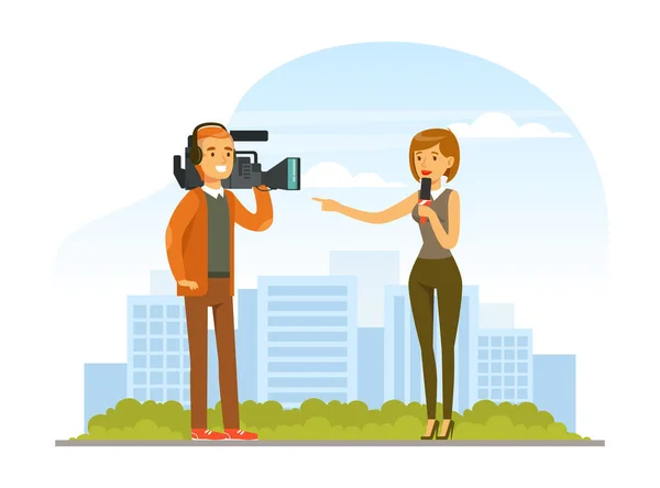 Woman TV Reporter Speaking Into Microphone and Camera Man Recording Vector Illustration — Stock Vector