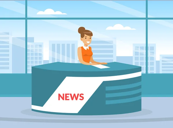 Woman TV Reporter at Desk in Studio Announcing the News Vector Illustration — Stock Vector