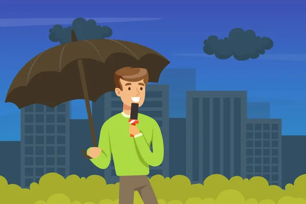 Man TV Reporter Under Umbrella Berbicara dalam Mikrofon Mengumumkan Informasi Vector Illustration - Stok Vektor