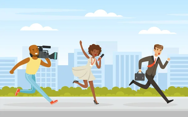 Woman TV Reporter with Microphone and Camera Man Chasing Guy Vector Illustration — Stock Vector