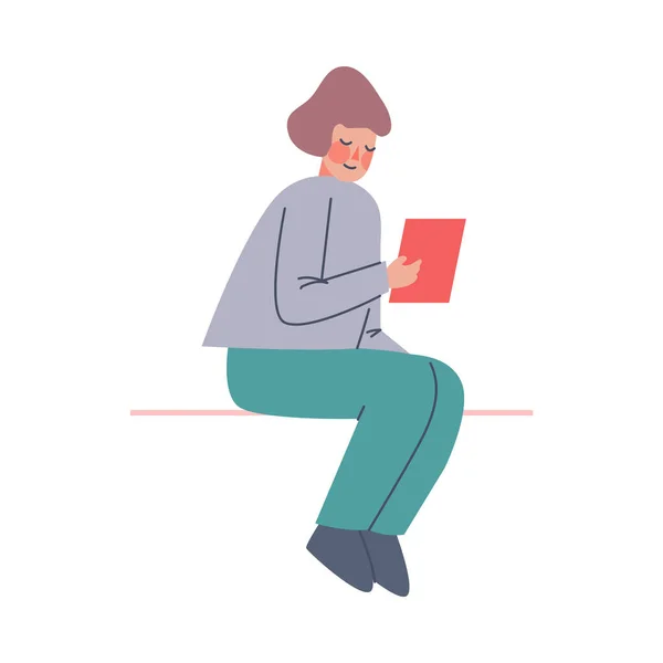 Jeune femme assise avec Tablette PC Illustration vectorielle — Image vectorielle