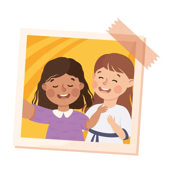 Happy Girl en la tarjeta de fotos o instantánea pegado en la pared Vector Illustration — Vector de stock