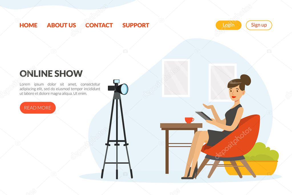Woman TV Reporter in Studio Hosting Show Vector Landing Page Template