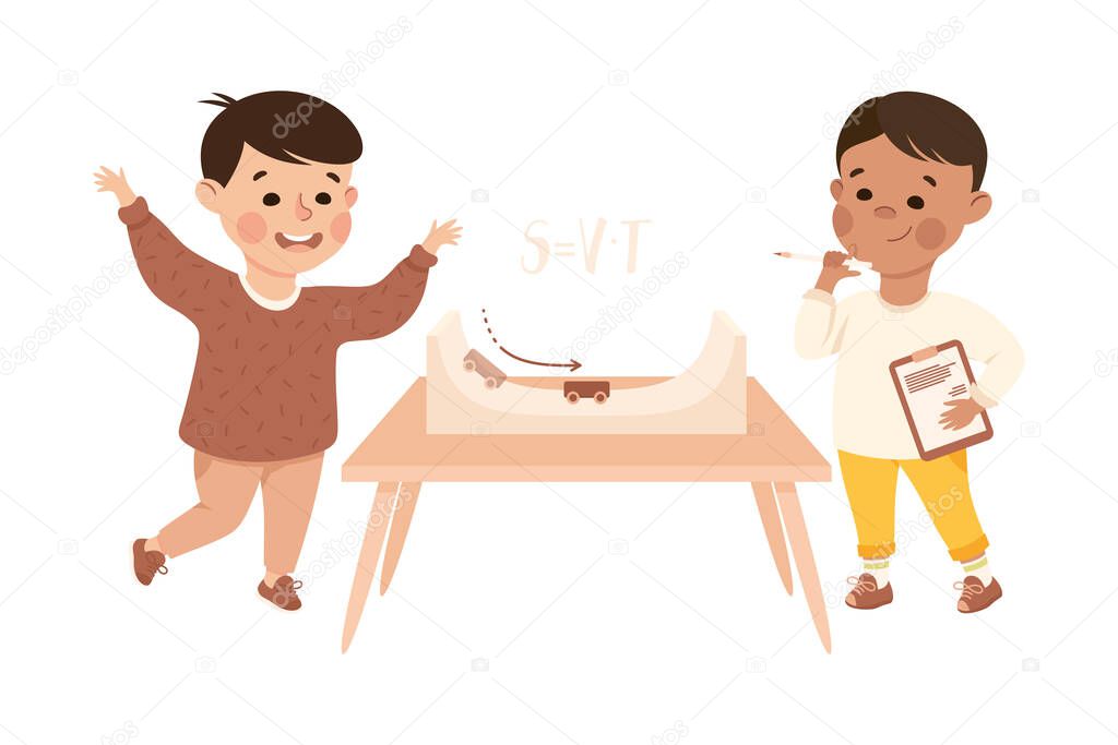 Little Boys Working on Physics Science Experiment with Speed Vector Illustration