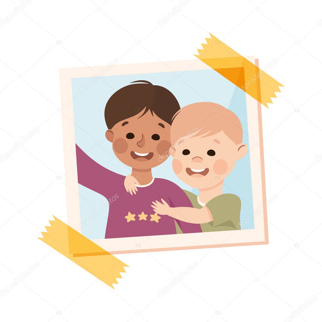 Happy Little Boy on Photo Card or Snapshot Sticking on the Wall Vector Illustration. Excited Kid with Raised Hands on Self-portrait Photograph Square Shot Concept