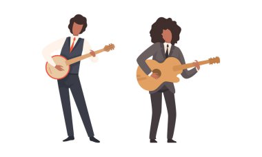 Man Müzisyen Karakteri Müzik Çalıyor Gitar Çalıyor ve Balalaika Vector Set