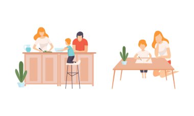 Mutlu Aile ile Erkek ve Kadın Ebeveyn Çocuk Birlikte iyi vakit geçiriyorlar Ev ödevi ve Yemek Vektörü Seti