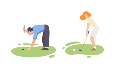 Green Lawn 'da Genç Adam ve Kadın Golf oynuyor Klüp ve Top Oyunu Vektörü Olarak